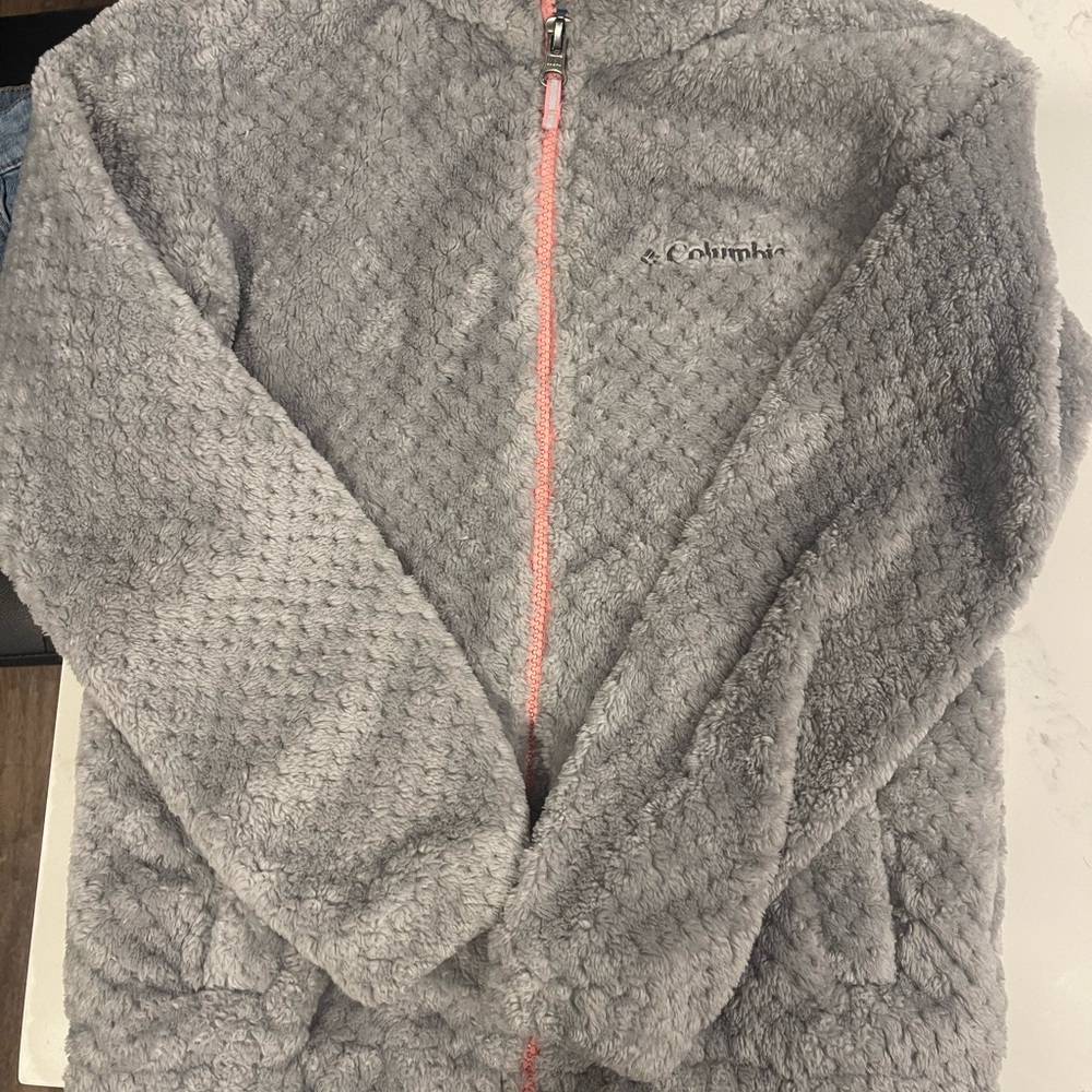Columbia Textured Gray Fleece Jacket with Pink Zipper
